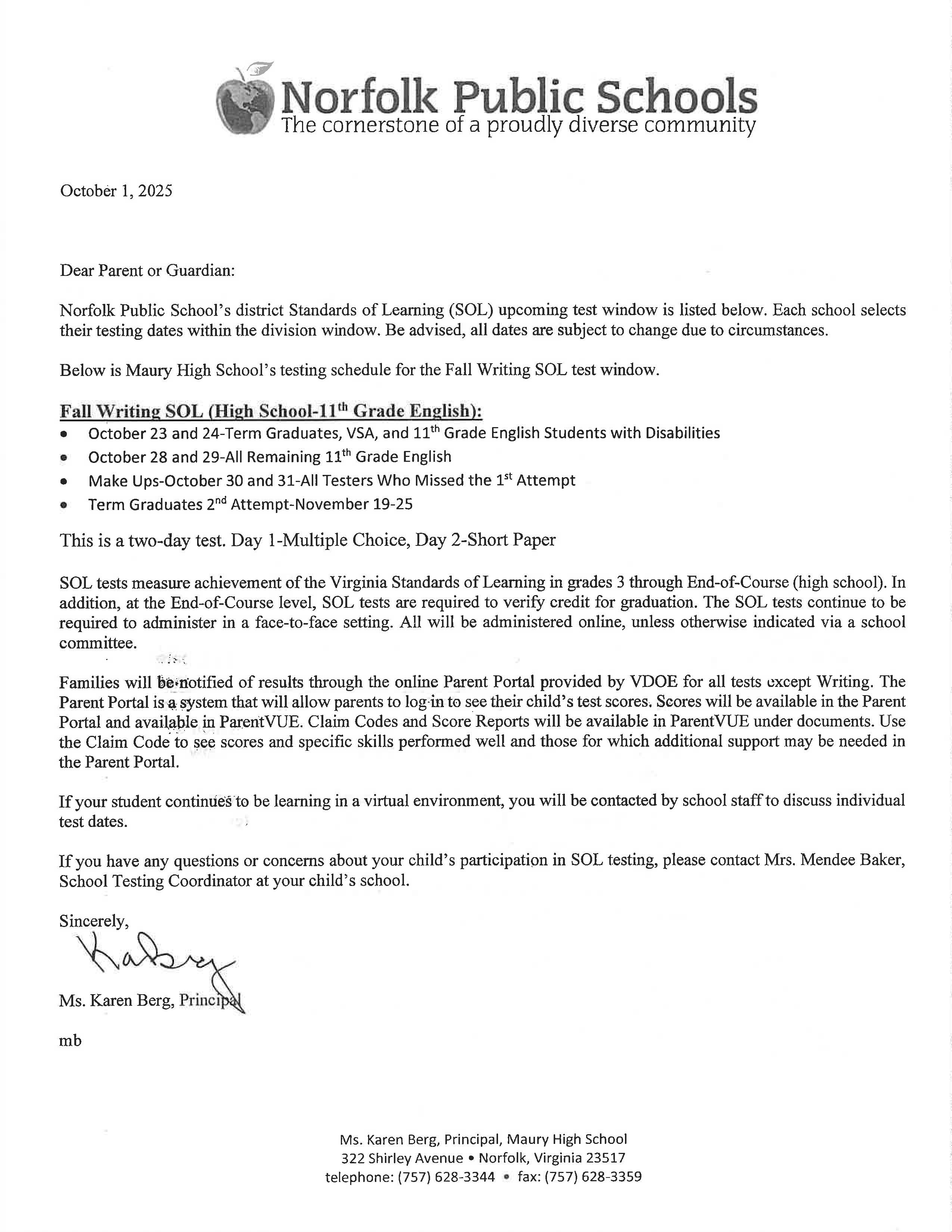 Fall Writing SOL Transparency Letter